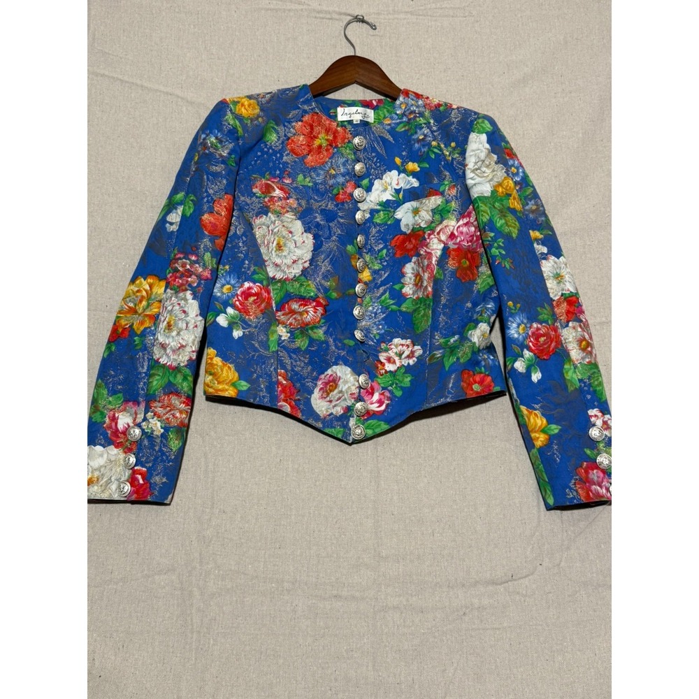 Vintage Ingeborg Floral Brocade Jacket 42 Blue Metallic Trachten Austrian Blazer